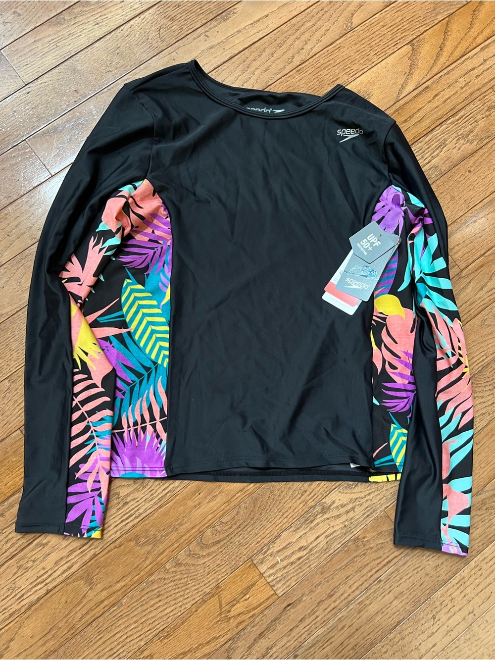 Speedo Black Rashguard with Multicolor Tropical Print Panels